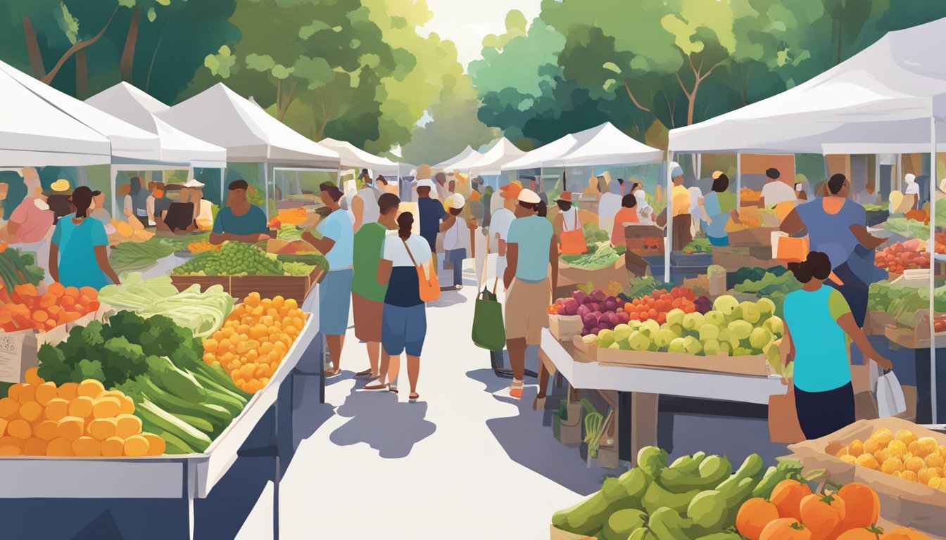 A bustling farmers' market in Miami, FL, filled with colorful stalls of fresh produce, artisanal goods, and local food co-op vendors