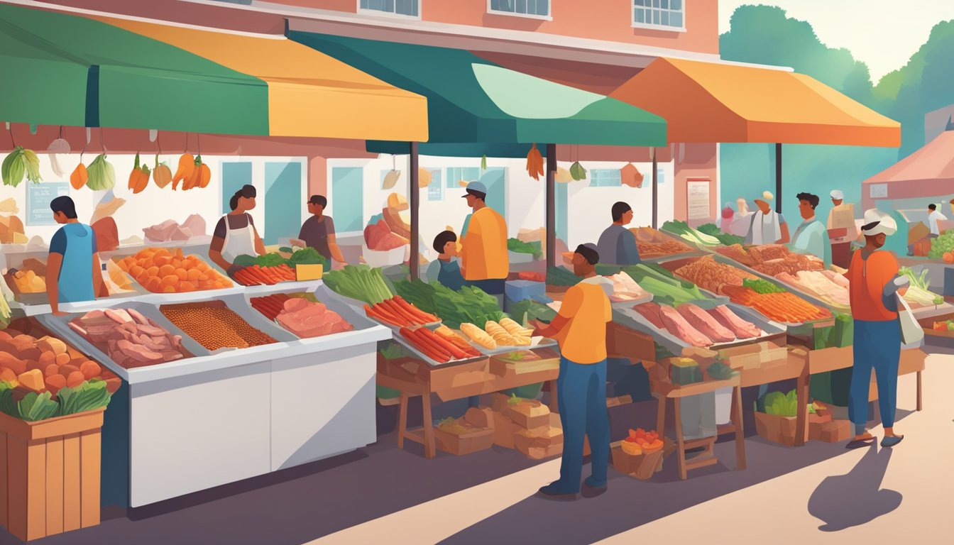 A bustling farmer's market stall with a variety of fresh meat and poultry offerings on display, surrounded by eager customers and colorful produce