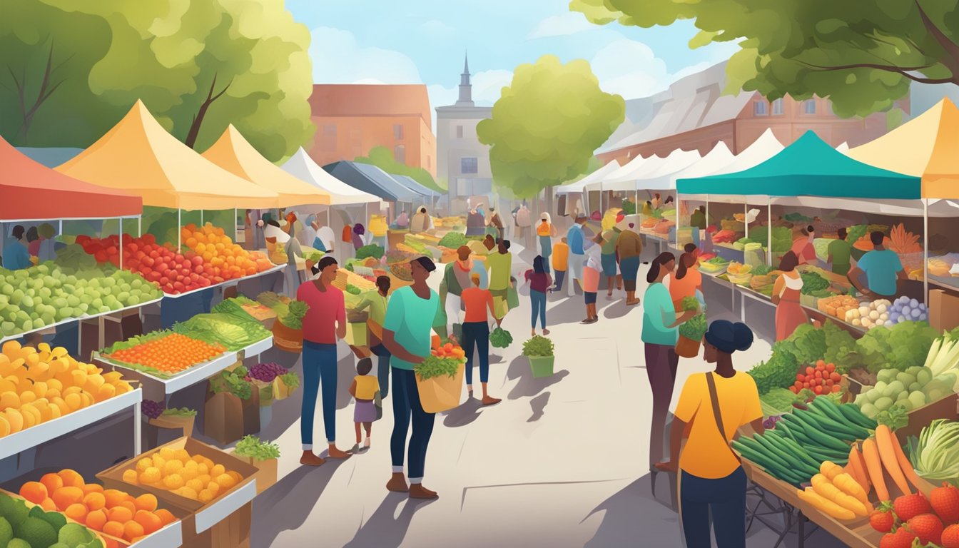 A bustling farmers market with colorful produce, local vendors, and happy customers browsing and purchasing fresh, organic goods