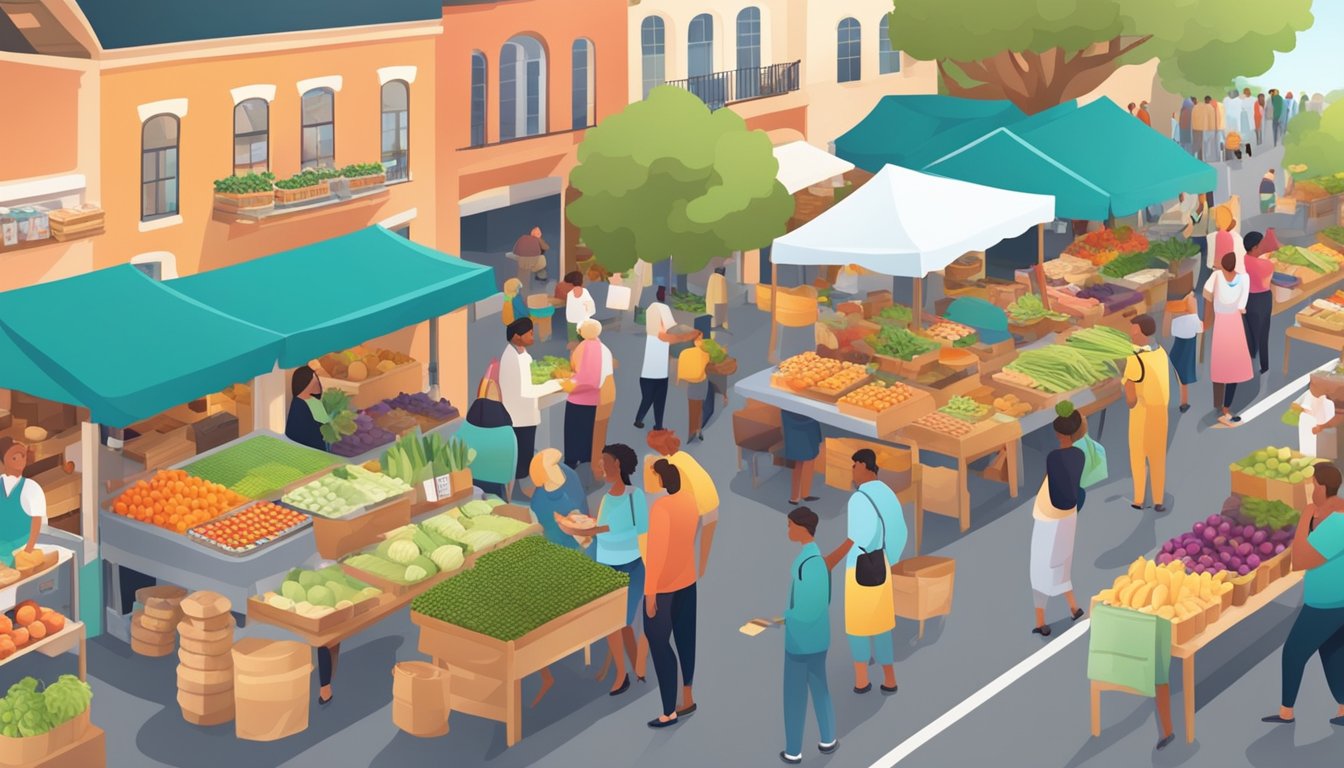 A bustling farmers' market with colorful stalls and a variety of fresh produce, baked goods, and artisanal products. Customers browse and chat with vendors