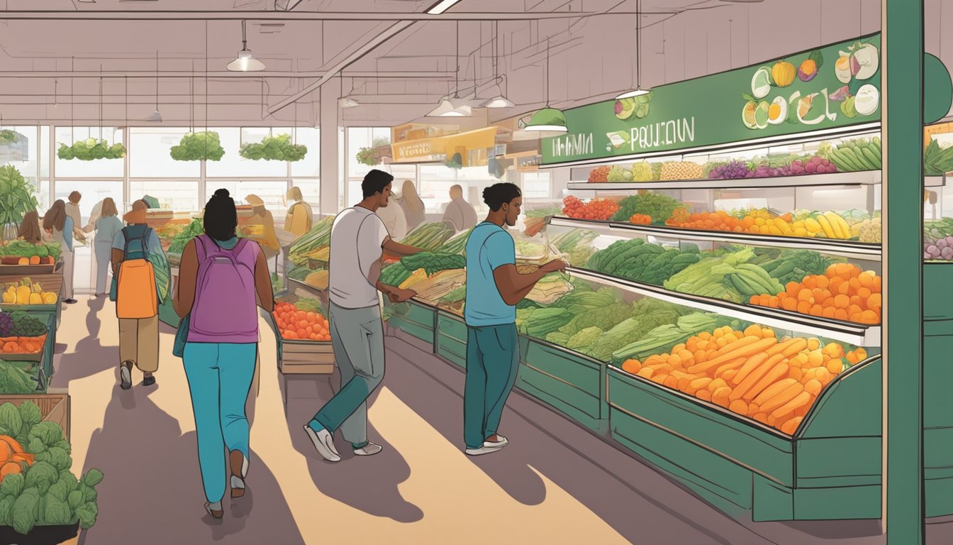 Customers browsing fresh produce at a bustling Miami food co-op, with colorful displays and friendly staff assisting