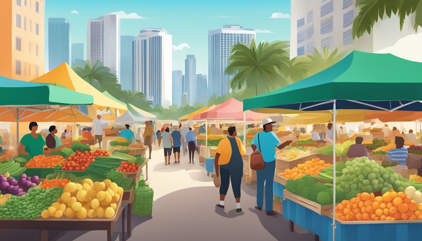 A bustling farmer's market with colorful produce stalls and local food vendors, set against the backdrop of Miami's vibrant cityscape