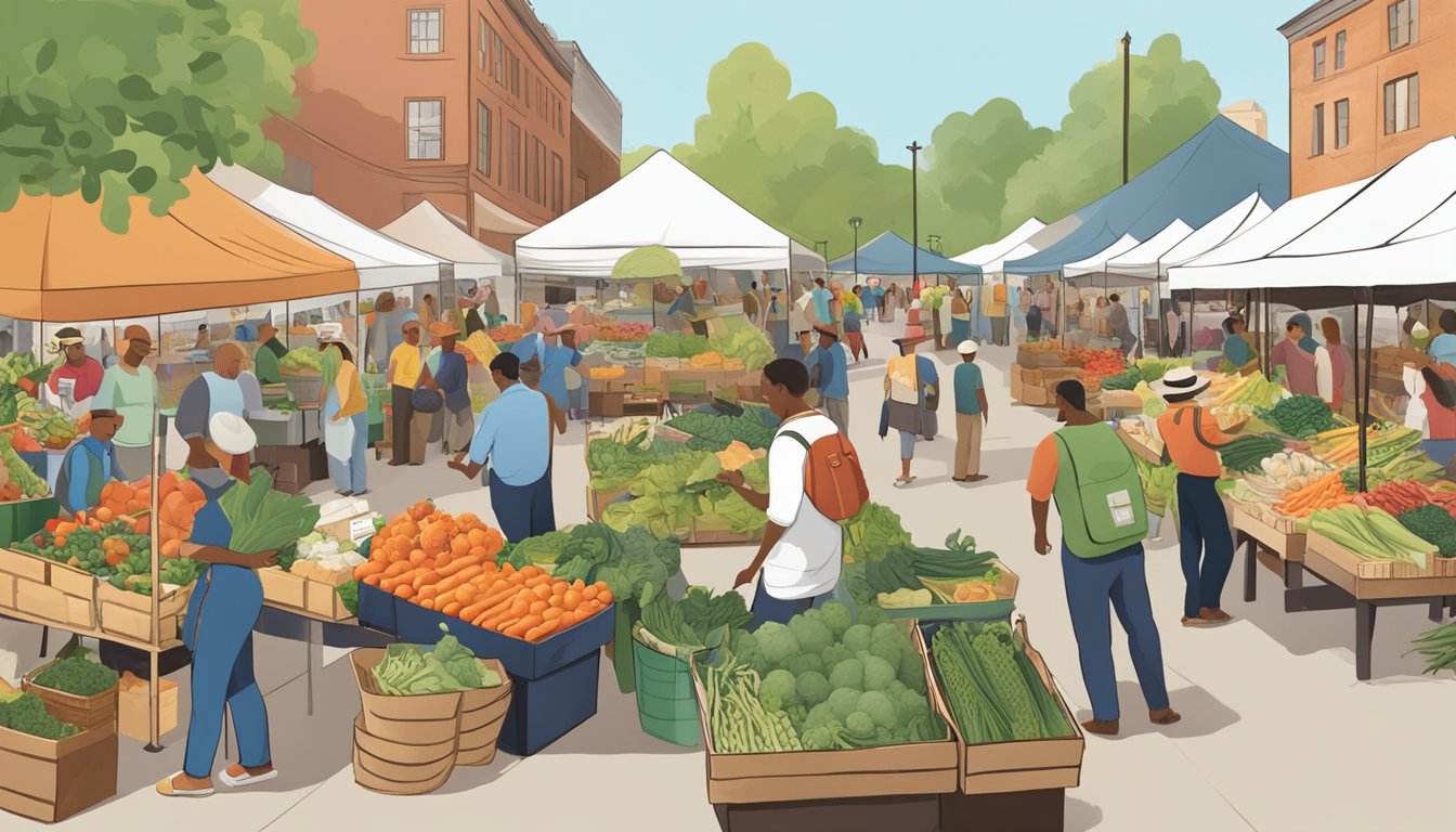 A bustling farmers' market with diverse local produce and community members engaging with vendors