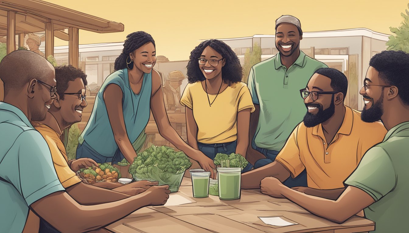 A diverse group of people gather around a table, exchanging smiles and handshakes as they discuss becoming members of the local food co-op in Henderson, NV