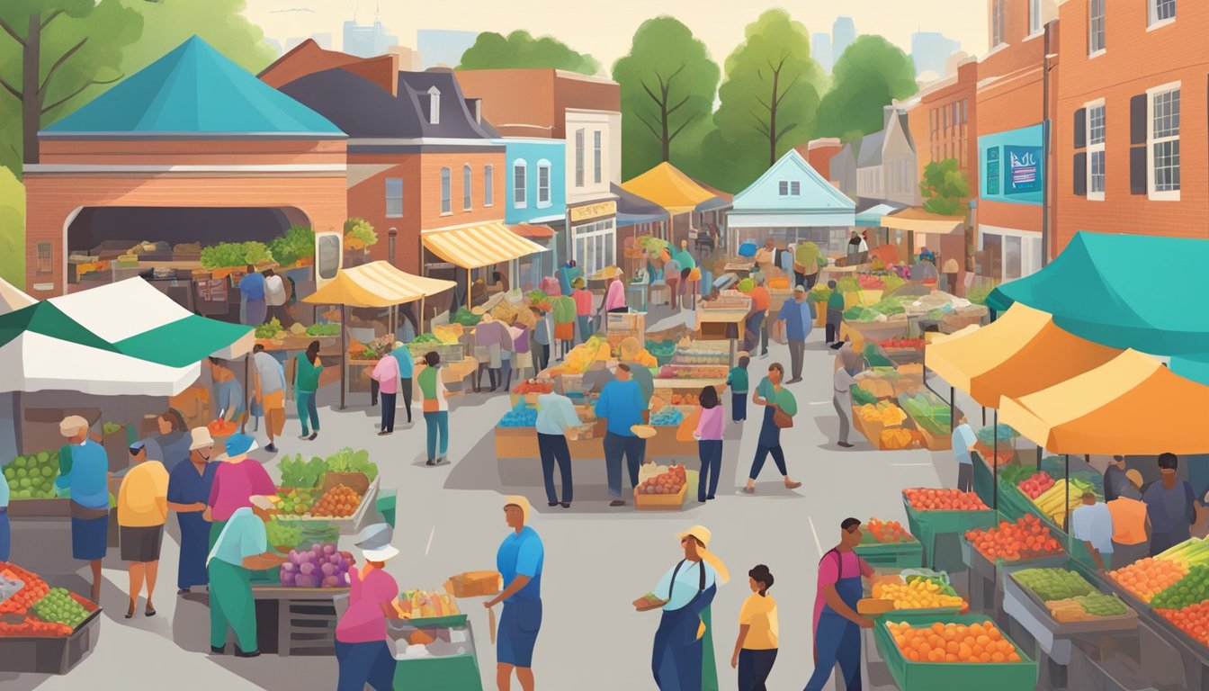 A bustling farmers market with colorful produce stalls and local vendors, surrounded by a vibrant community in Lexington, KY