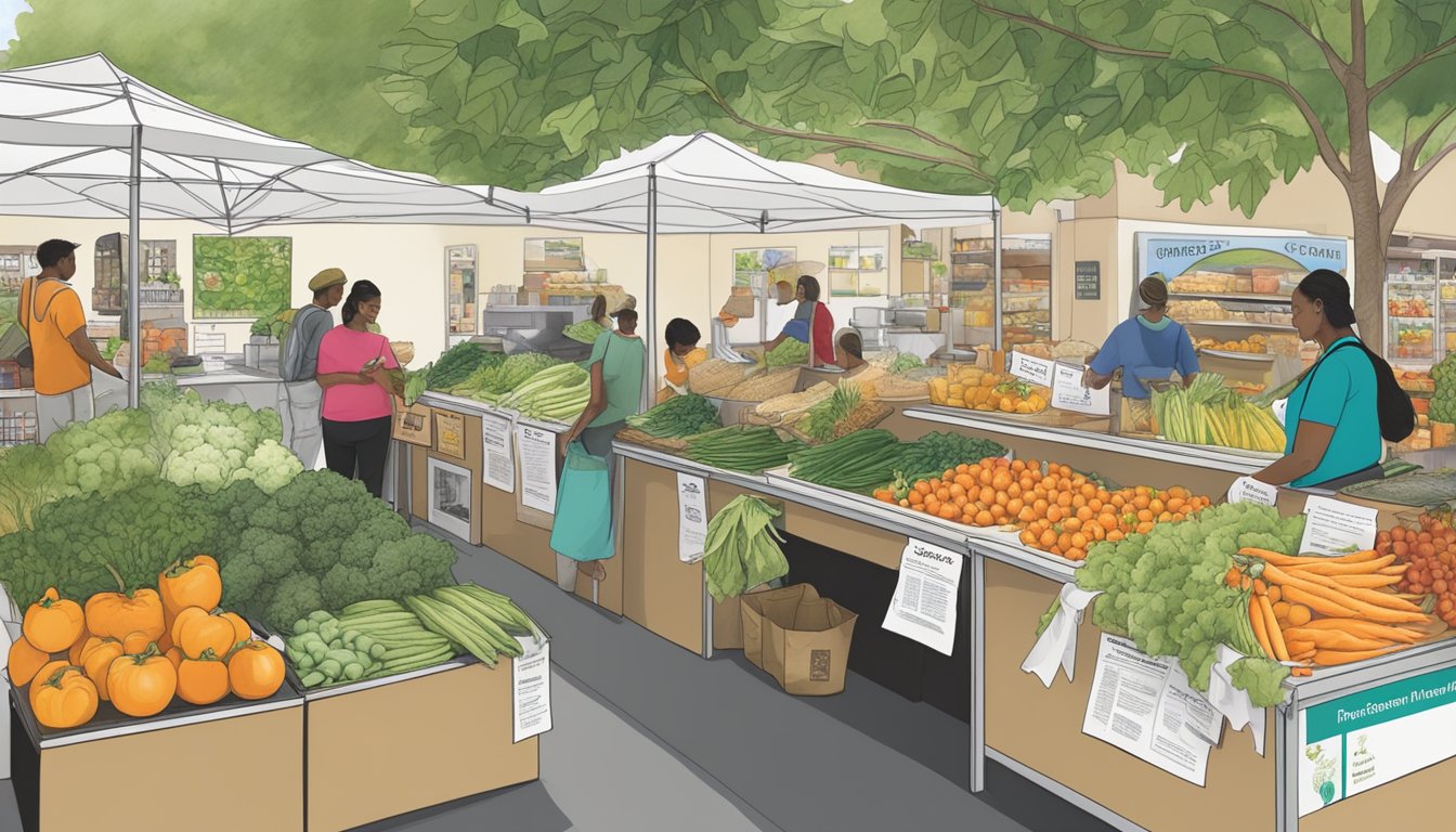 A bustling local food coop with diverse produce, reusable bags, and a community bulletin board promoting sustainable practices