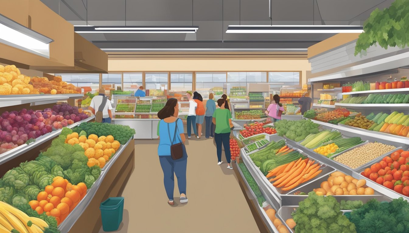 A bustling local food coop in Chico, CA, with vibrant displays of fresh produce, shelves stocked with local goods, and customers browsing the aisles