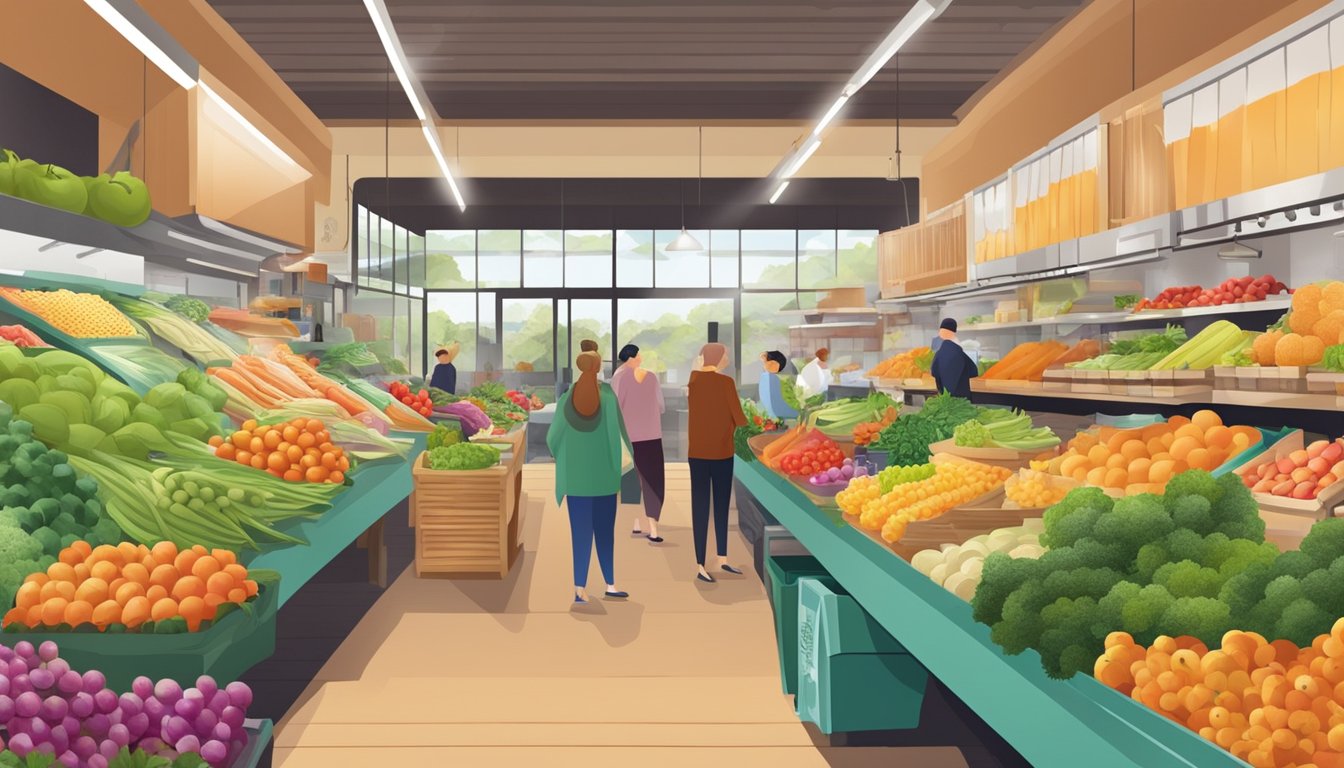 A bustling local food coop market with colorful produce and various products on display