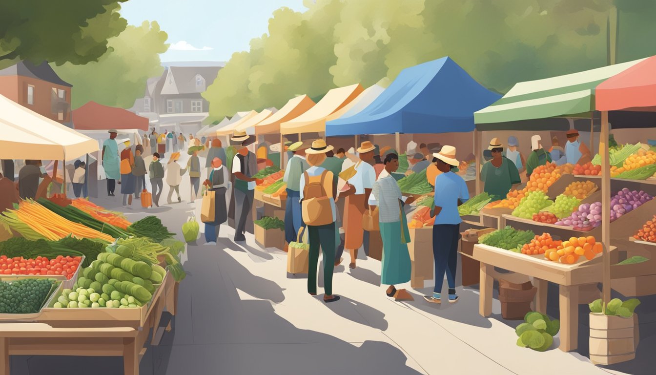 A bustling farmer's market with diverse produce, friendly vendors, and a sense of community