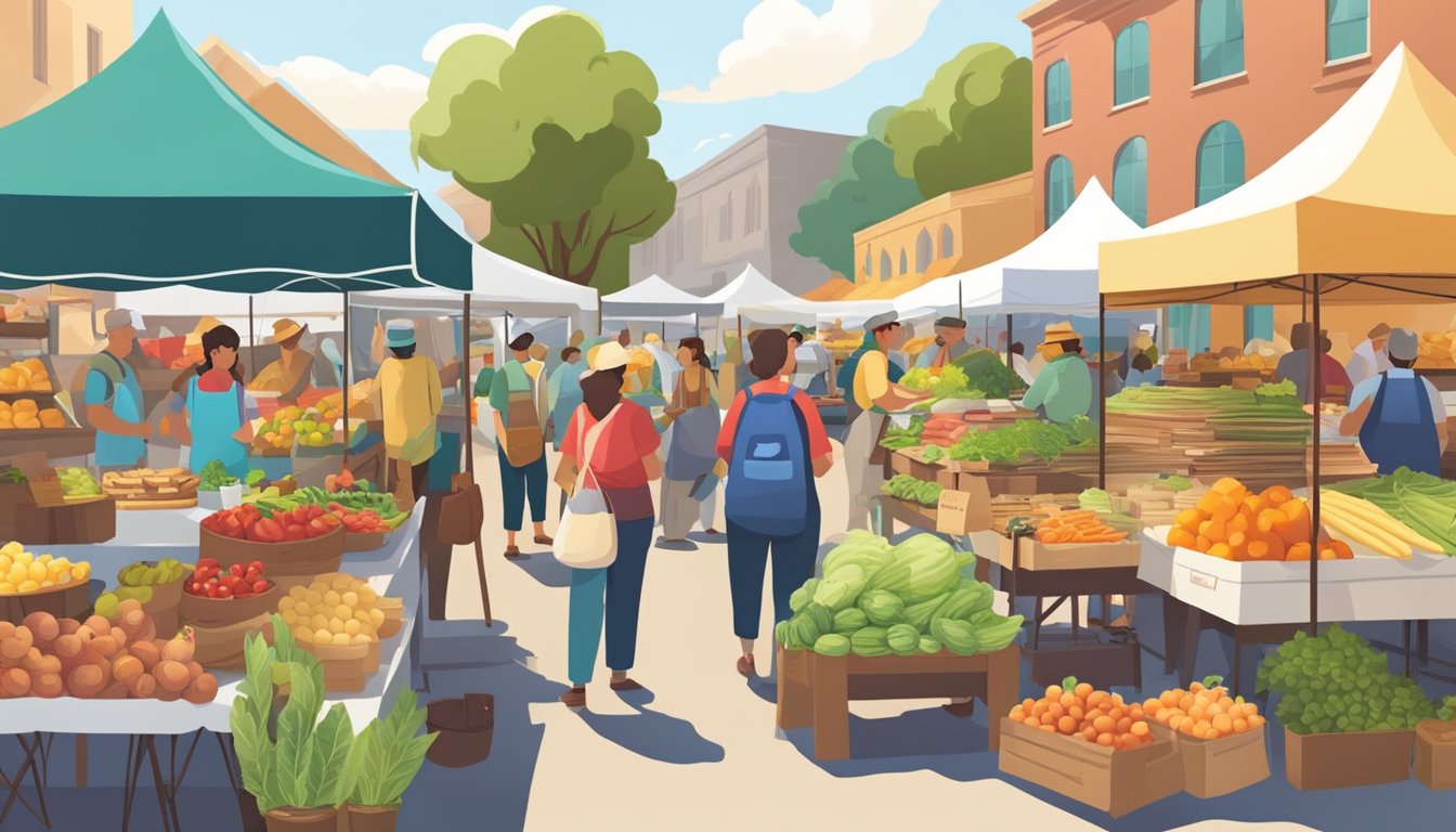 A bustling farmer's market with colorful stalls and a variety of fresh produce, baked goods, and artisanal products. Customers browse and chat with vendors