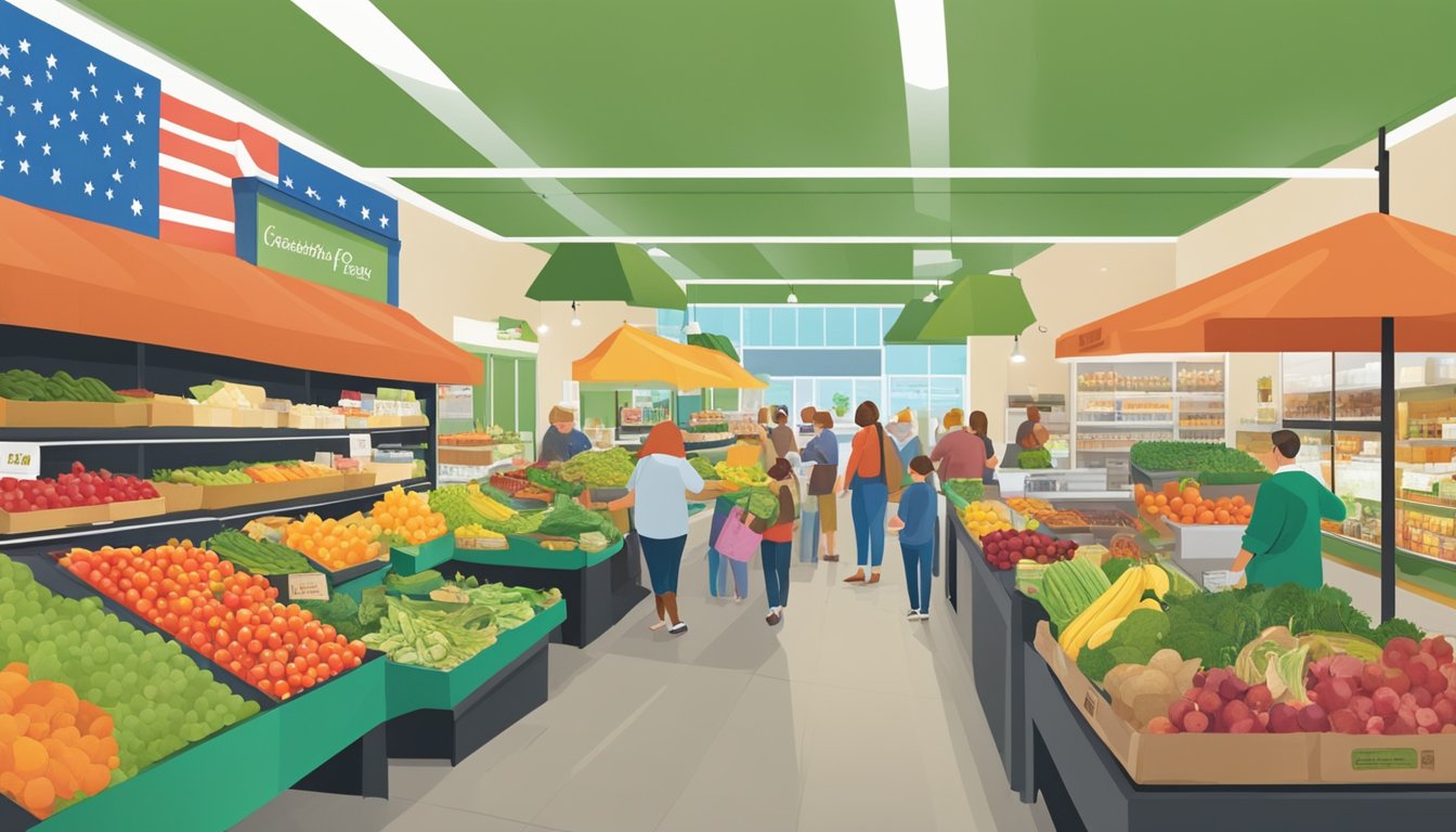 A bustling local food coop in Lexington, KY showcases a variety of fresh produce and products from Kentucky's agriculture. Shoppers browse through colorful displays and interact with friendly staff