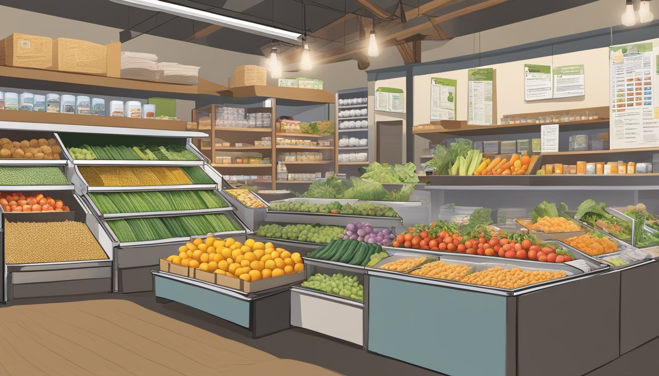 A bustling local food coop in Chico, CA, with shelves stocked with fresh produce, grains, and dairy. A community bulletin board displays educational resources and upcoming events