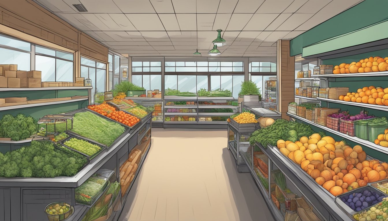 A bustling local food coop in Lexington, KY, with a variety of additional offerings and services. Shelves stocked with fresh produce, local goods, and a welcoming atmosphere