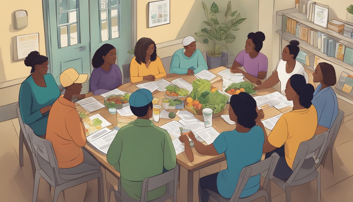 A diverse group of people gather around a table, discussing and sharing information about the benefits and responsibilities of co-op membership. The table is filled with pamphlets and brochures about local food and community resources