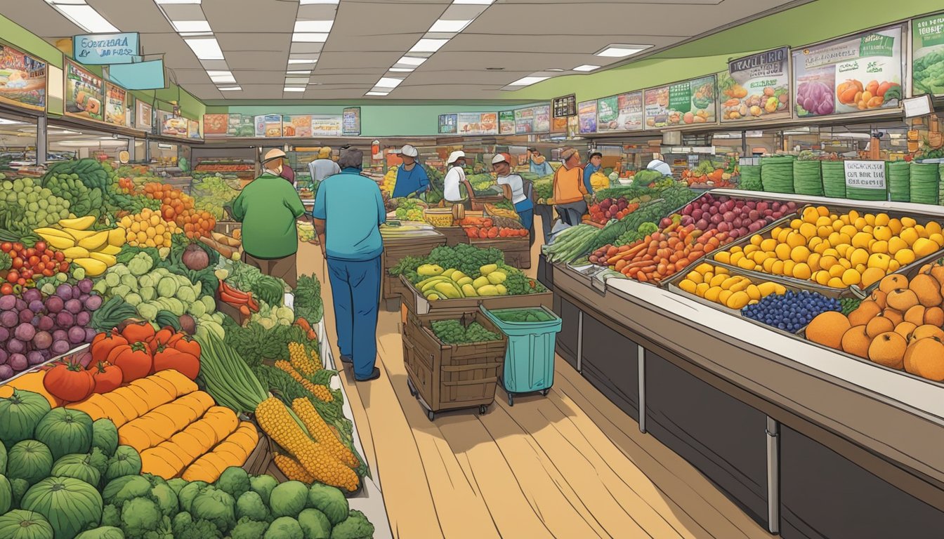 A colorful array of fresh fruits and vegetables fills the tables at a bustling local food coop in Stockton, CA. Customers browse the selection, while farmers proudly display their produce