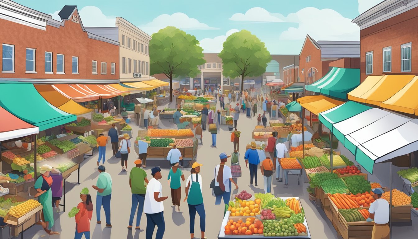 A bustling farmers market with colorful produce stalls and local food vendors in Lexington, KY