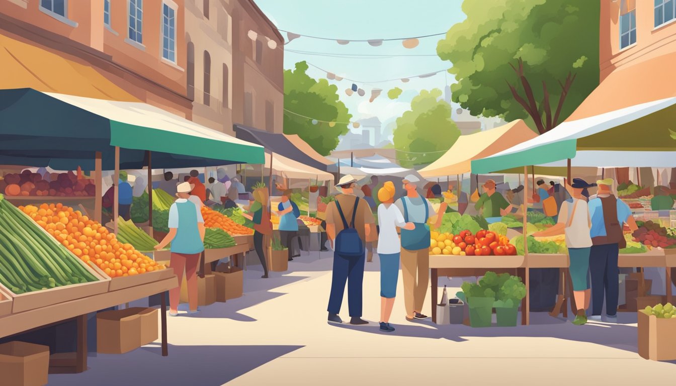 A bustling farmers' market with colorful stalls and a variety of fresh produce. Customers chat with farmers and browse the selection of locally grown fruits and vegetables