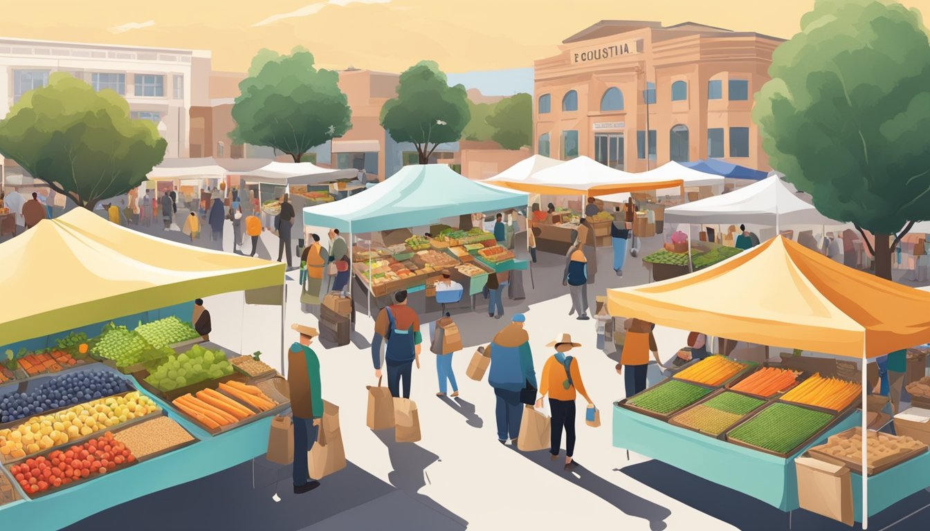 A bustling farmers market in Stockton, CA, with colorful stalls and a variety of fresh produce, baked goods, and artisanal products on display