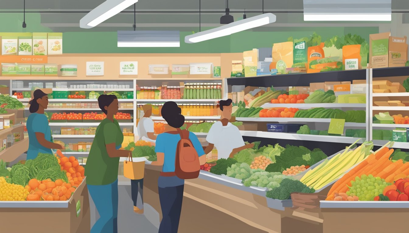 A bustling local food co-op in Quincy, MA, with shelves stocked full of fresh produce, local goods, and a diverse array of products. Busy customers browse the aisles, chatting with friendly staff