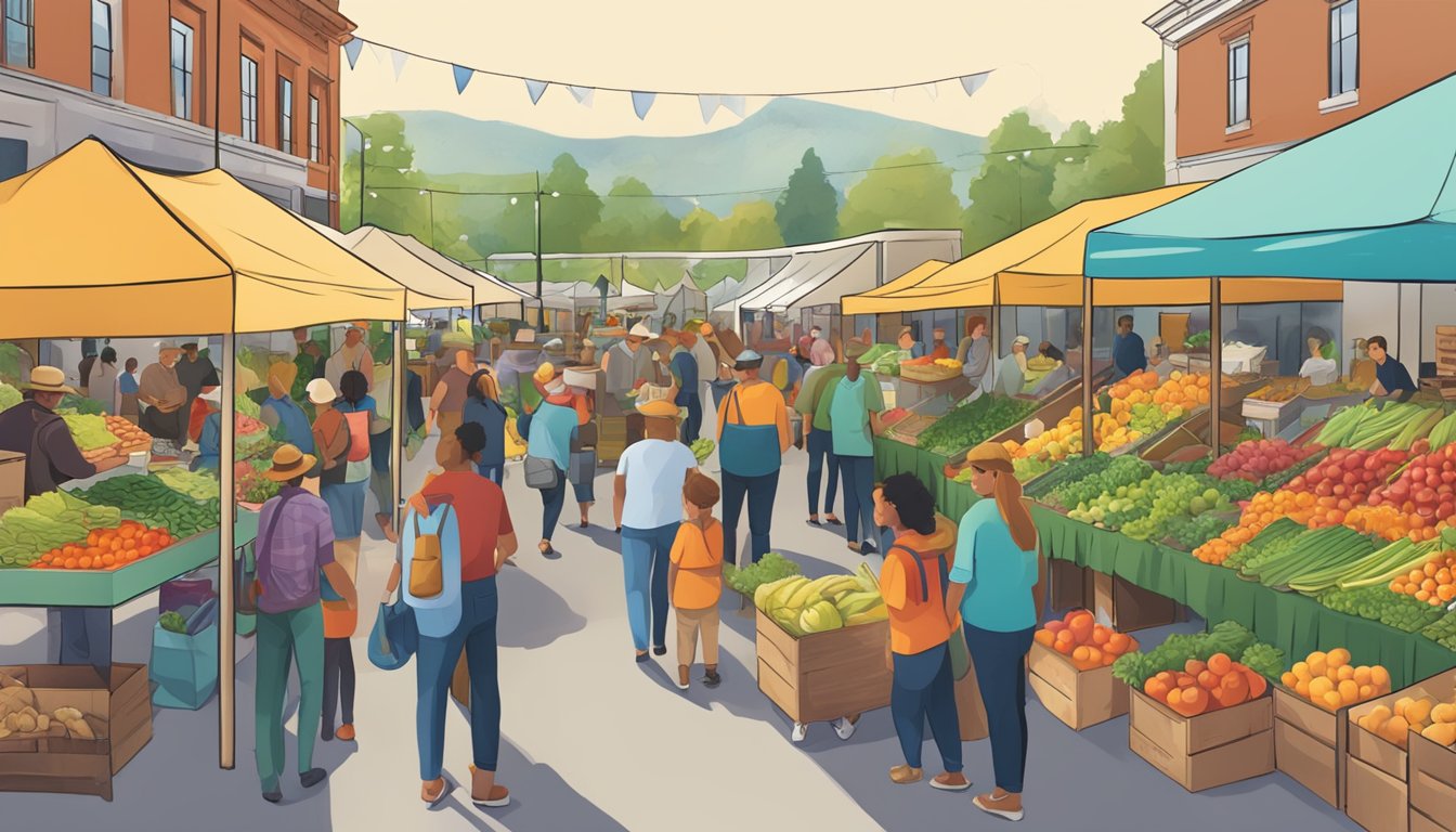 A bustling farmers market with colorful produce stalls, live music, and informational booths for local food co-op events and resources