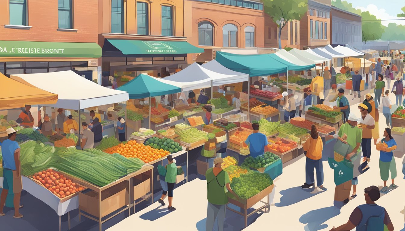 A bustling farmers' market with colorful stalls and a diverse crowd browsing and chatting with local food co-op vendors