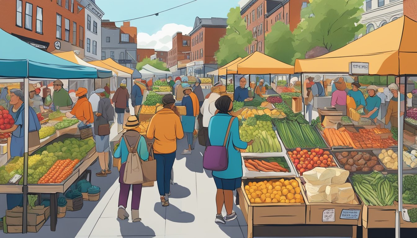 A bustling outdoor market in Quincy, MA, with colorful stalls selling fresh produce, meats, and cheeses from local food co-ops. Busy customers browse the selection while chatting with friendly vendors