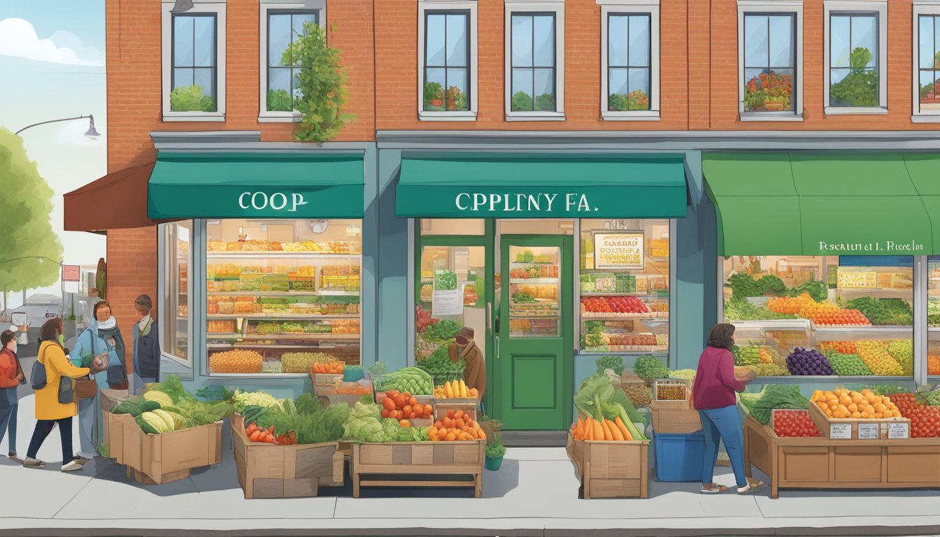 A bustling local food coop in Quincy, MA showcases seasonal offerings and events, with colorful displays of fresh produce and artisanal products