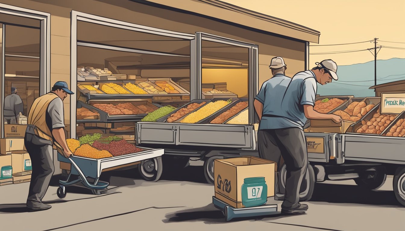 A farmer unloading crates of fresh meat and jars of honey at a bustling local food coop in Stockton, CA