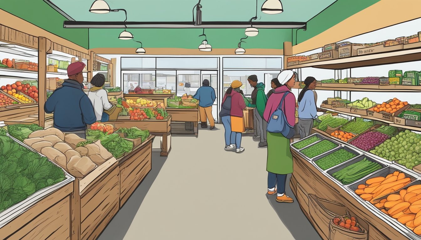 A bustling local food coop in Quincy, MA, with people browsing fresh produce and shelves stocked with food assistance program items