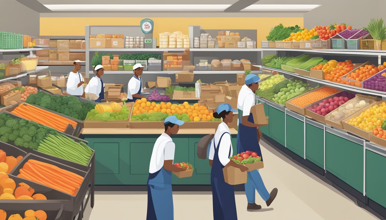 A bustling food co-op with colorful produce, bulk bins, and friendly staff assisting members