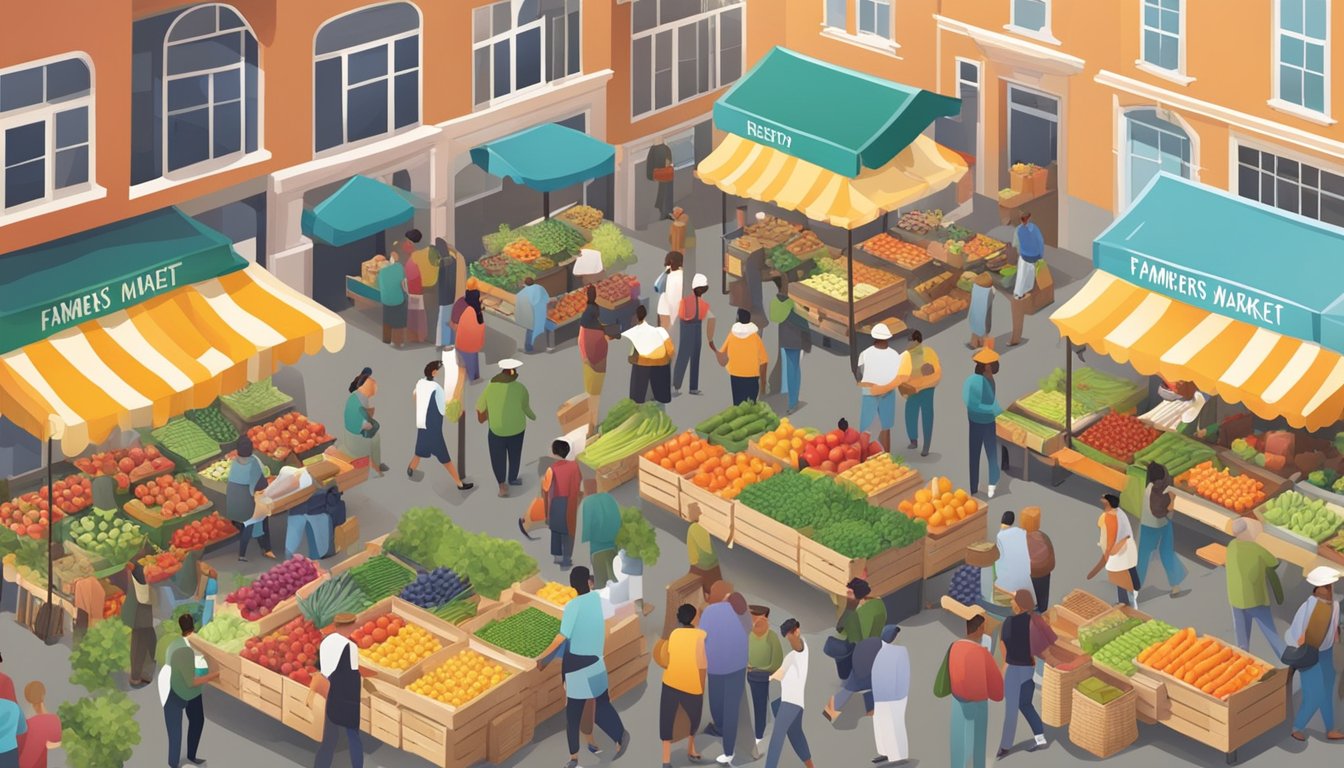 A bustling farmers' market with colorful produce, friendly vendors, and community members browsing and chatting