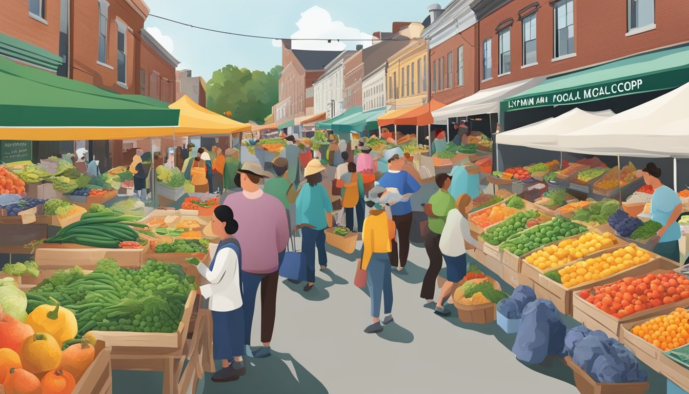 A bustling farmer's market with colorful produce stalls and a sign for "Lynn, MA Local Food Coop Guide" prominently displayed