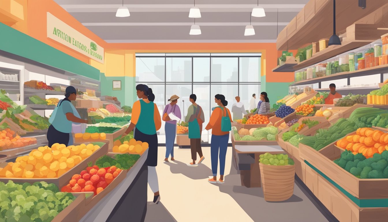 A bustling local food co-op with colorful produce displays, shelves stocked with artisanal goods, and customers chatting with vendors