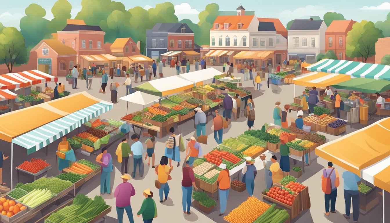 A bustling farmers' market with vendors selling fresh produce and locally sourced goods, surrounded by a diverse community of shoppers