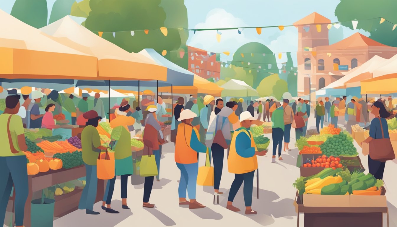 A bustling farmers' market with colorful produce stalls and a diverse crowd browsing and purchasing fresh, local food