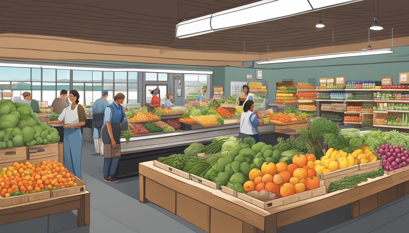 A bustling local food co-op with colorful produce, shelves stocked with locally-sourced goods, and friendly staff assisting customers