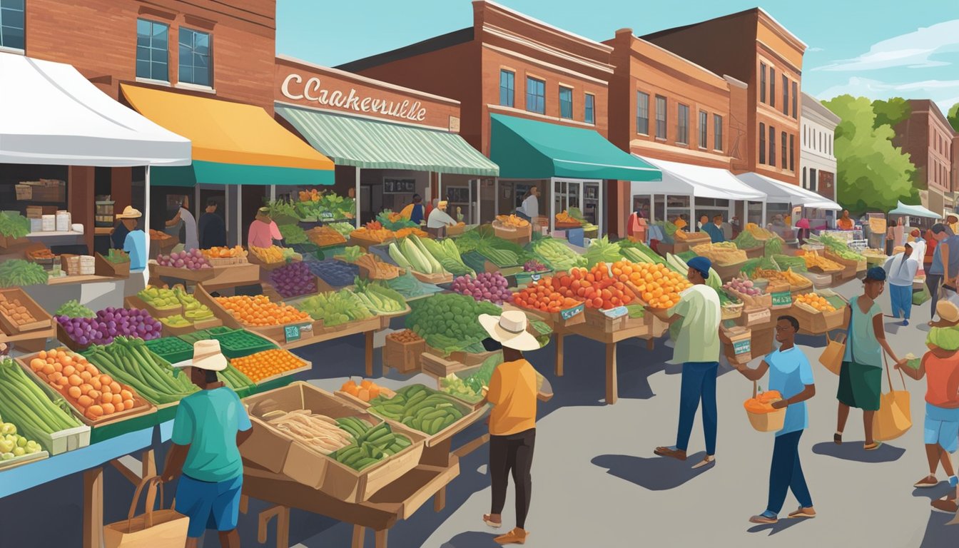 A bustling farmers' market with colorful produce and local vendors in Clarksville, TN