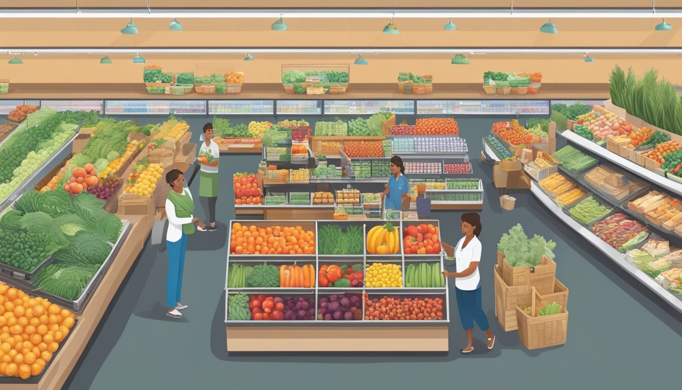 A bustling local food co-op in Hesperia, CA, with colorful produce displays, shelves stocked with locally sourced goods, and friendly staff assisting customers