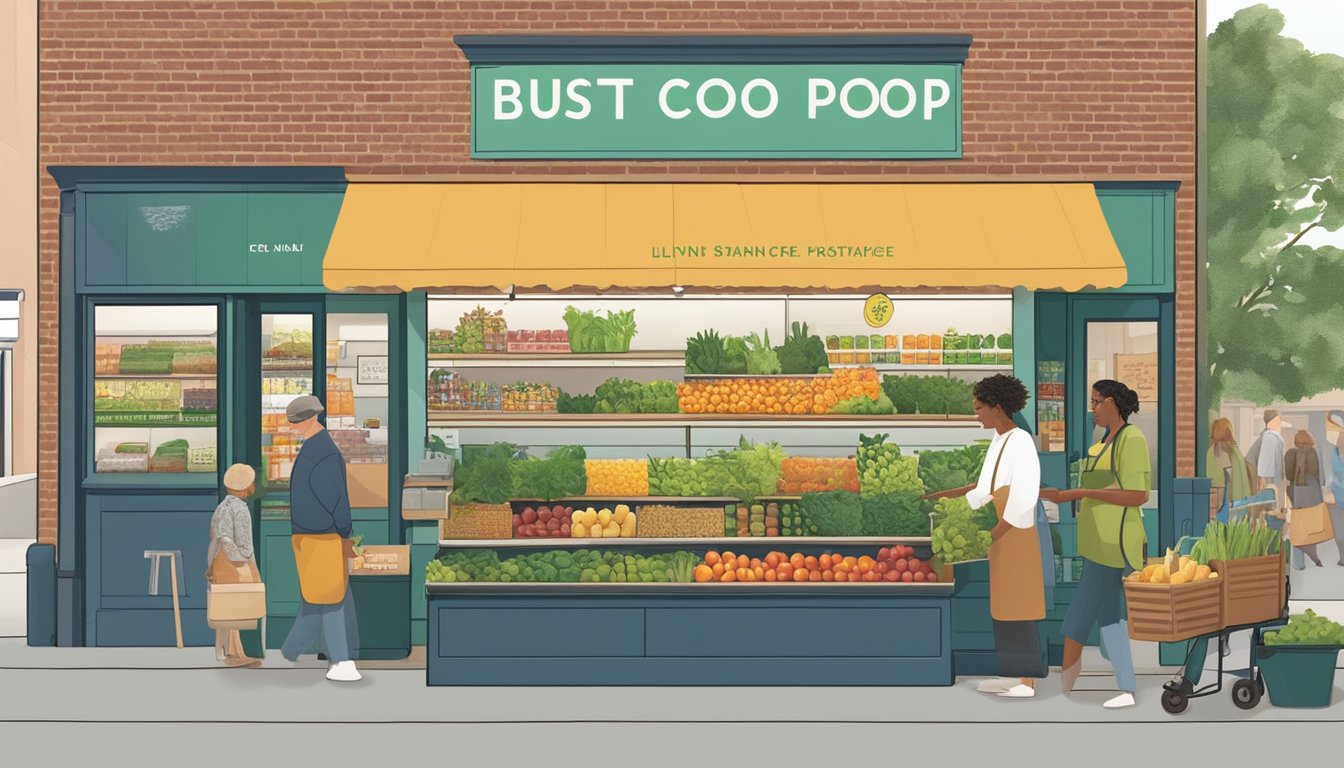 A bustling local food co-op in Lynn, MA, with customers browsing fresh produce, bulk goods, and eco-friendly products. The store is adorned with sustainable practices and community impact signage