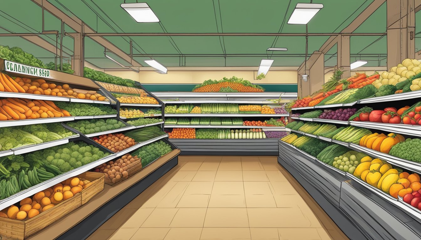 A vibrant display of locally grown fruits and vegetables fills the shelves, showcasing the seasonal availability of produce at the Clarksville, TN local food coop