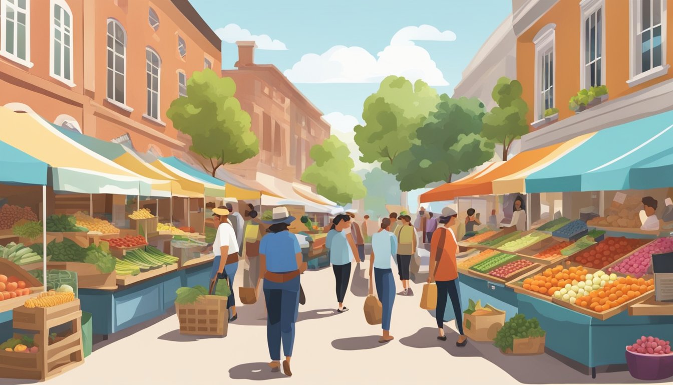 A bustling farmer's market with colorful stalls selling fresh produce, artisanal goods, and homemade treats. Shoppers browse through the variety of locally sourced products