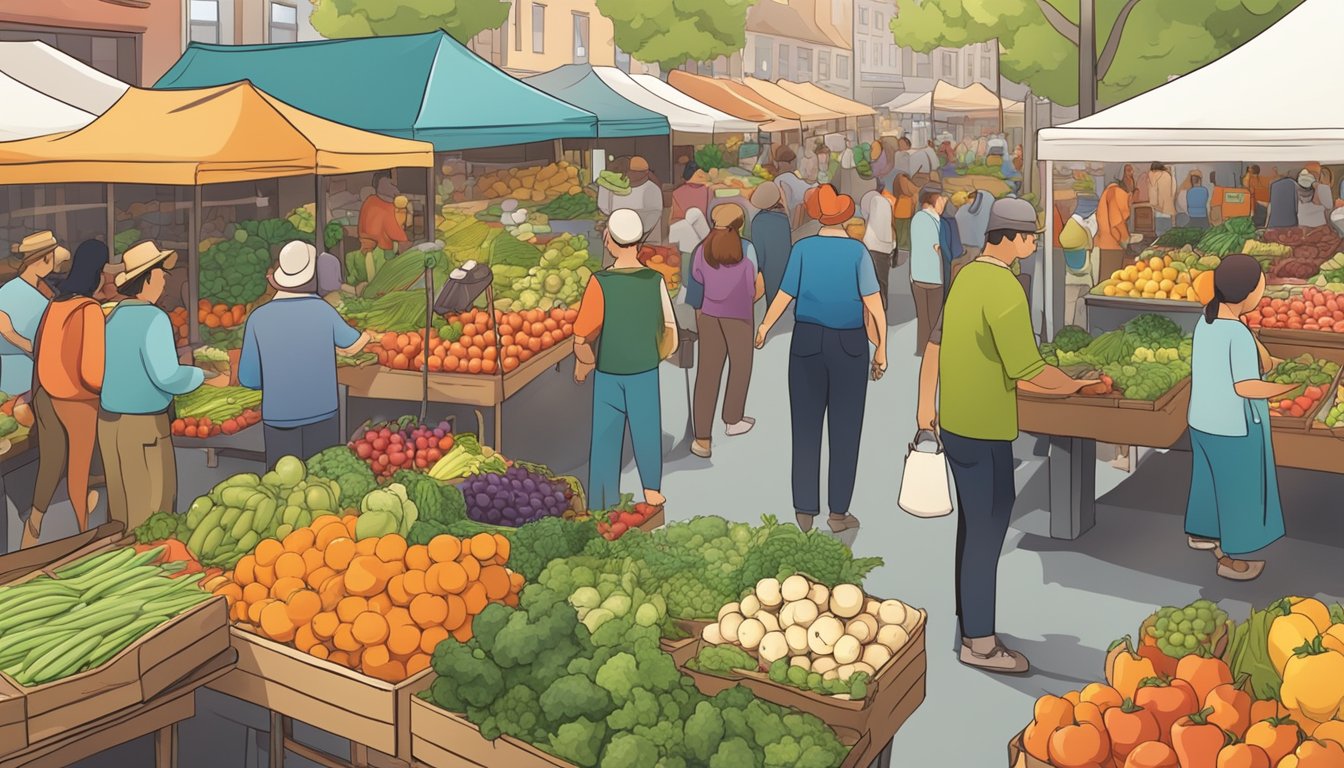 A bustling farmer's market with colorful stalls and diverse produce, surrounded by a community of shoppers and vendors