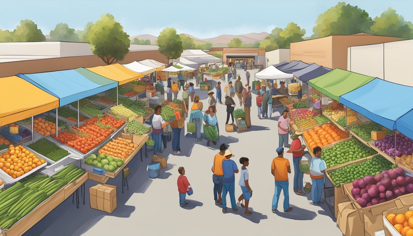 Colorful stalls display fresh produce at the bustling farmers market, while a network of trucks and vans distribute local food to the Hesperia, CA community