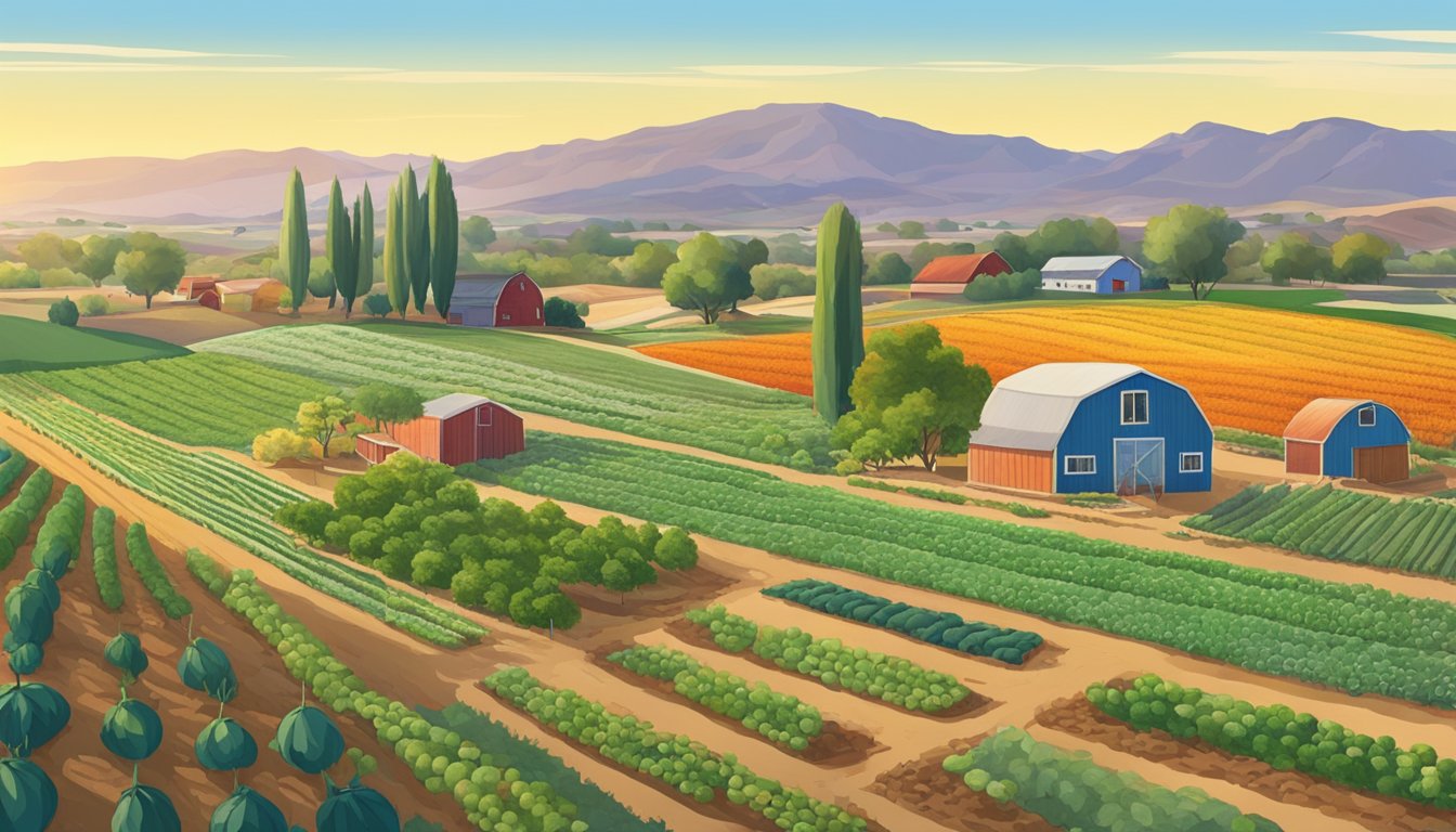 A vibrant farm scene with rows of organically grown produce, a small local food coop, and the surrounding Hesperia, CA landscape