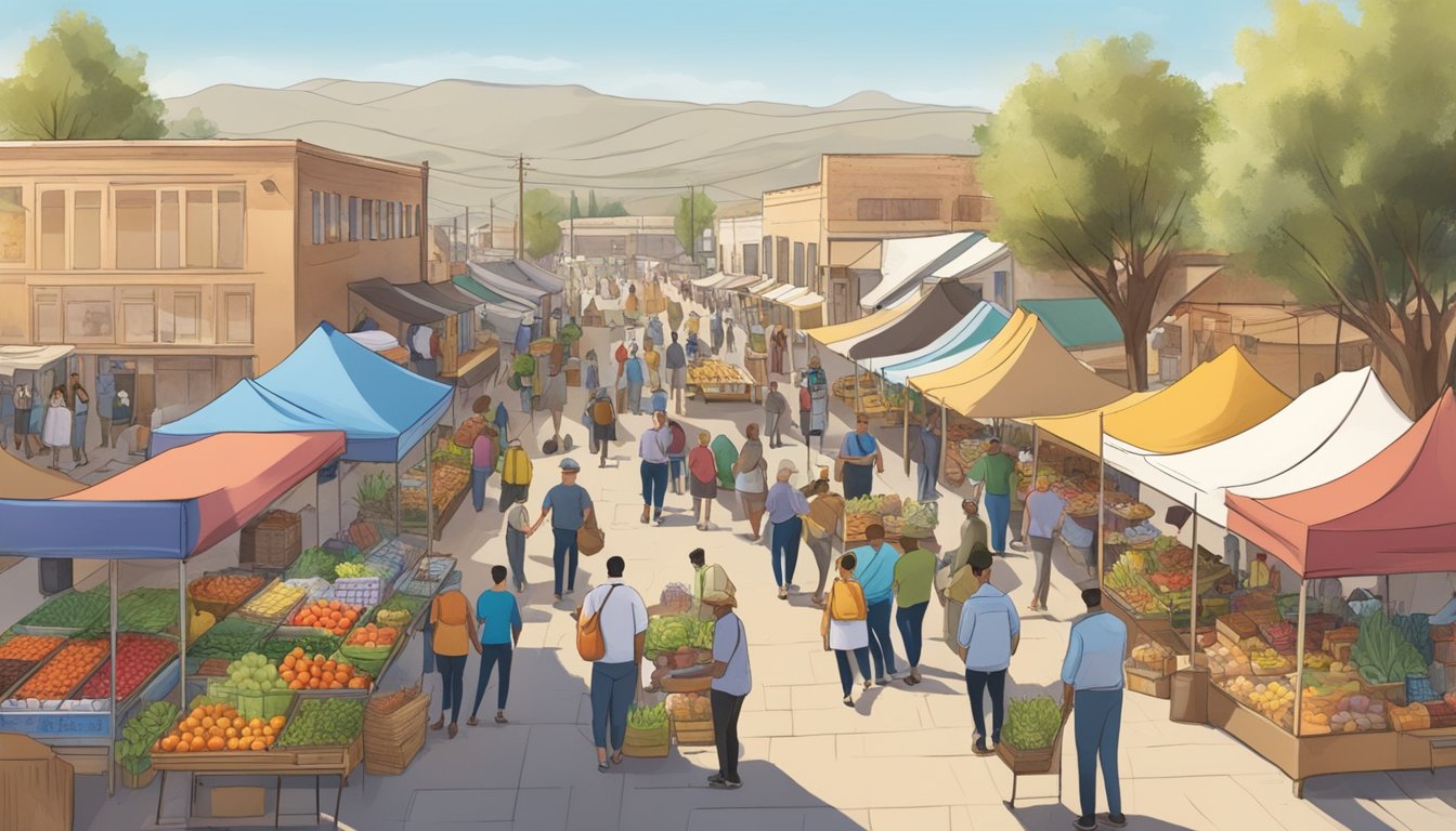 A bustling farmers' market with colorful stalls selling local produce and artisanal goods in Hesperia, CA