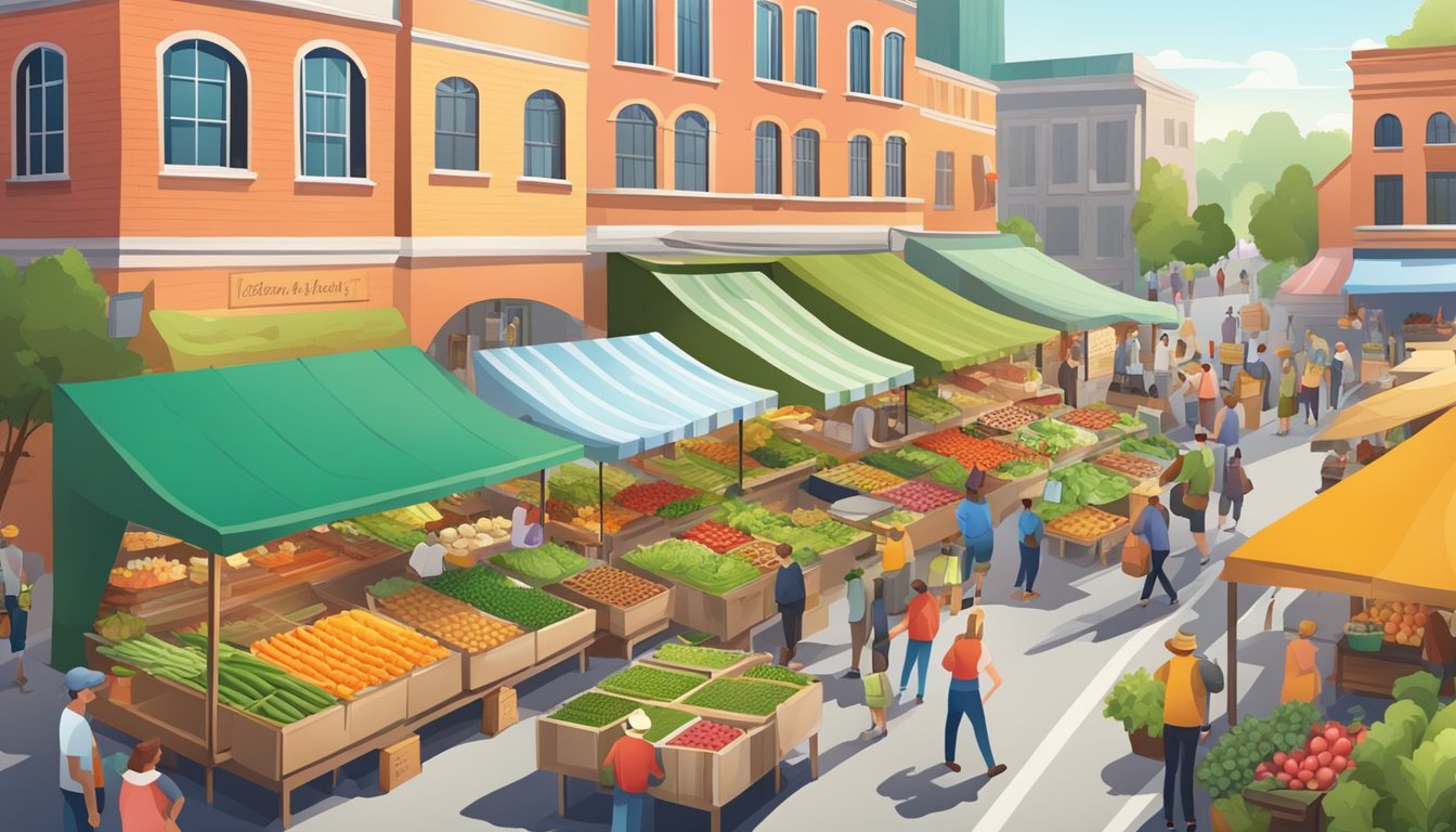 A bustling farmers market with colorful produce stalls and a variety of local eateries serving up fresh, organic dishes