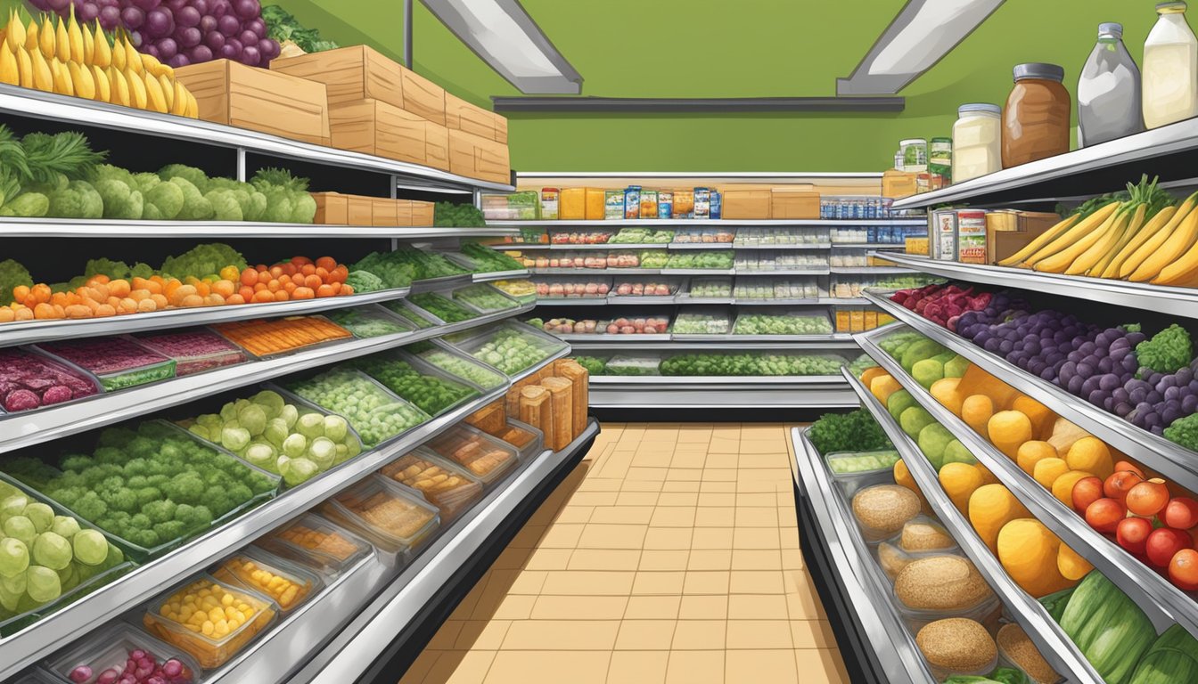 A variety of fresh produce, dairy products, and packaged goods displayed on shelves and in refrigerated cases at a local food co-op in Clarksville, TN