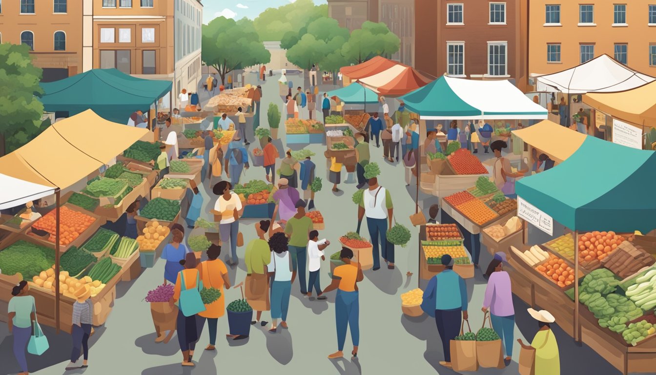 A bustling farmer's market with a variety of local produce and goods, surrounded by a diverse group of people engaging with vendors and gathering information about local co-ops