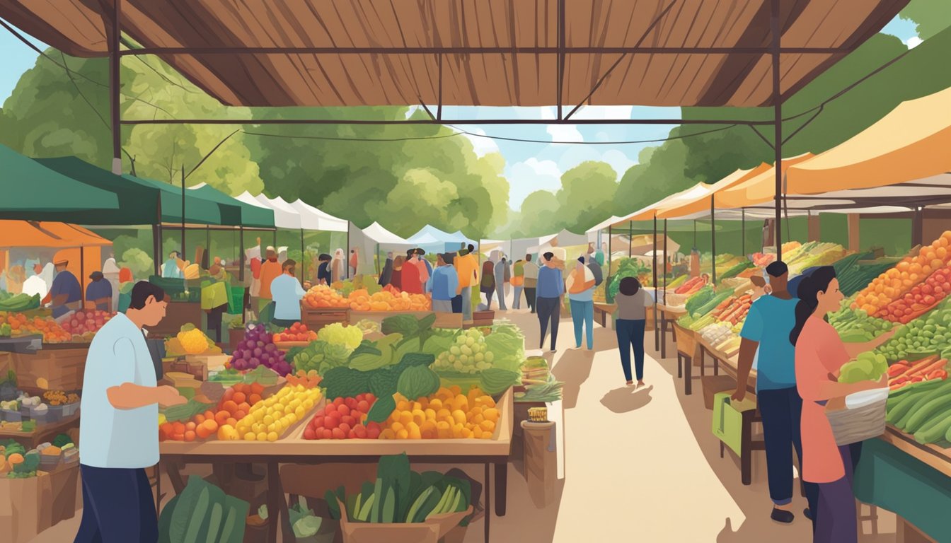 A bustling farmer's market with colorful fruits, vegetables, and artisanal products displayed on wooden tables under a canopy. Customers browse and chat with vendors