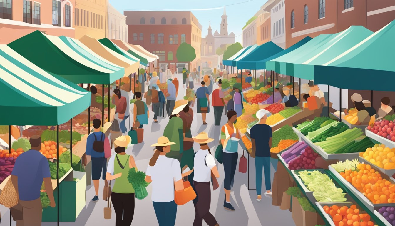 A bustling farmer's market with colorful produce stalls and a diverse crowd of shoppers browsing and chatting with local vendors